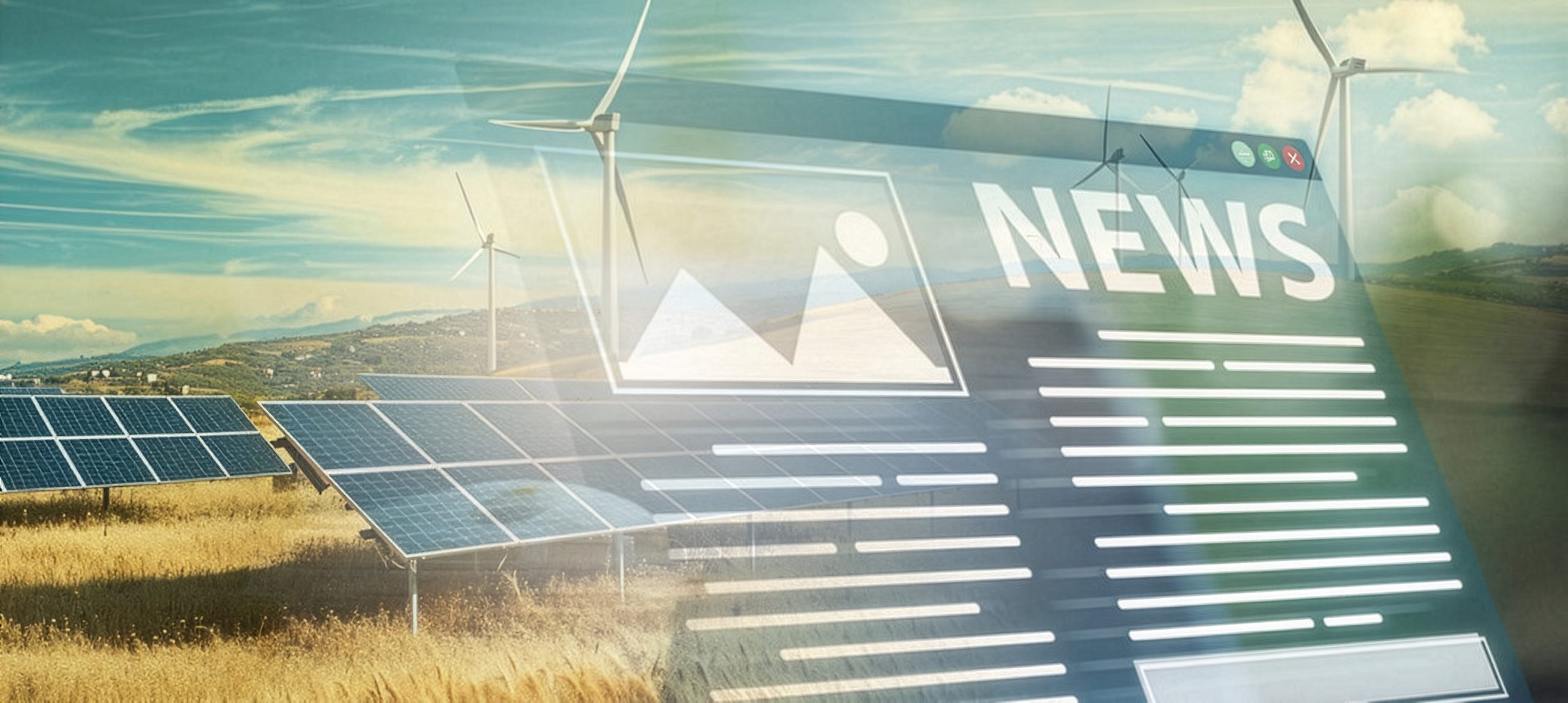 Solar panels and wind turbines with a news page graphic