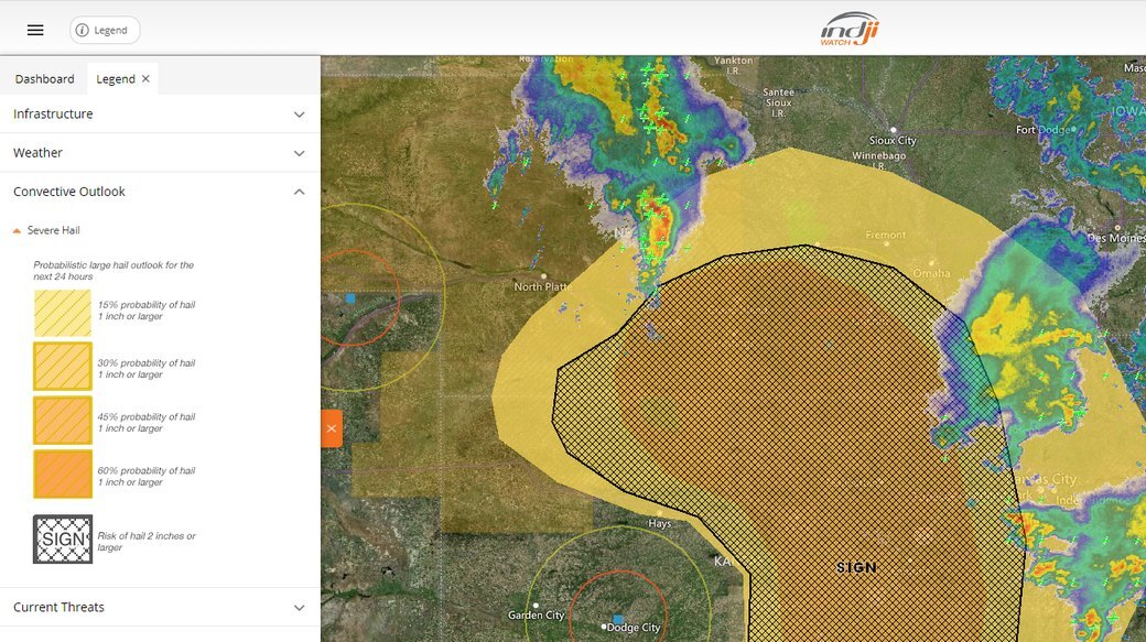 Indji Watch map showing a hail alert zone over a monitored site
