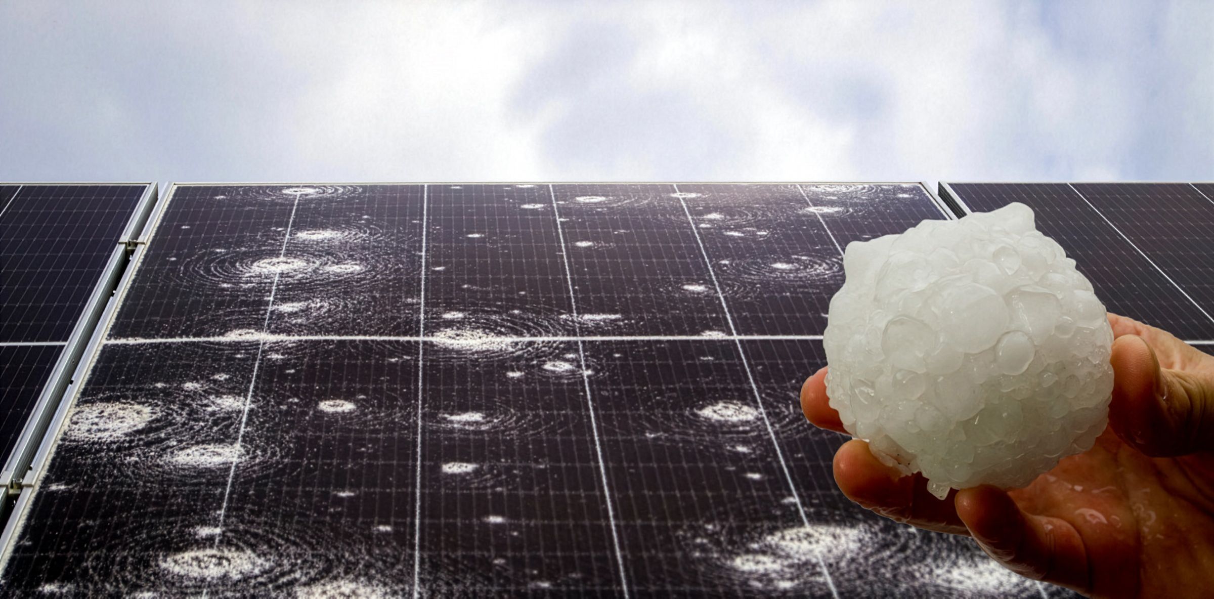 Large hailstone held over a hail-damaged solar panel