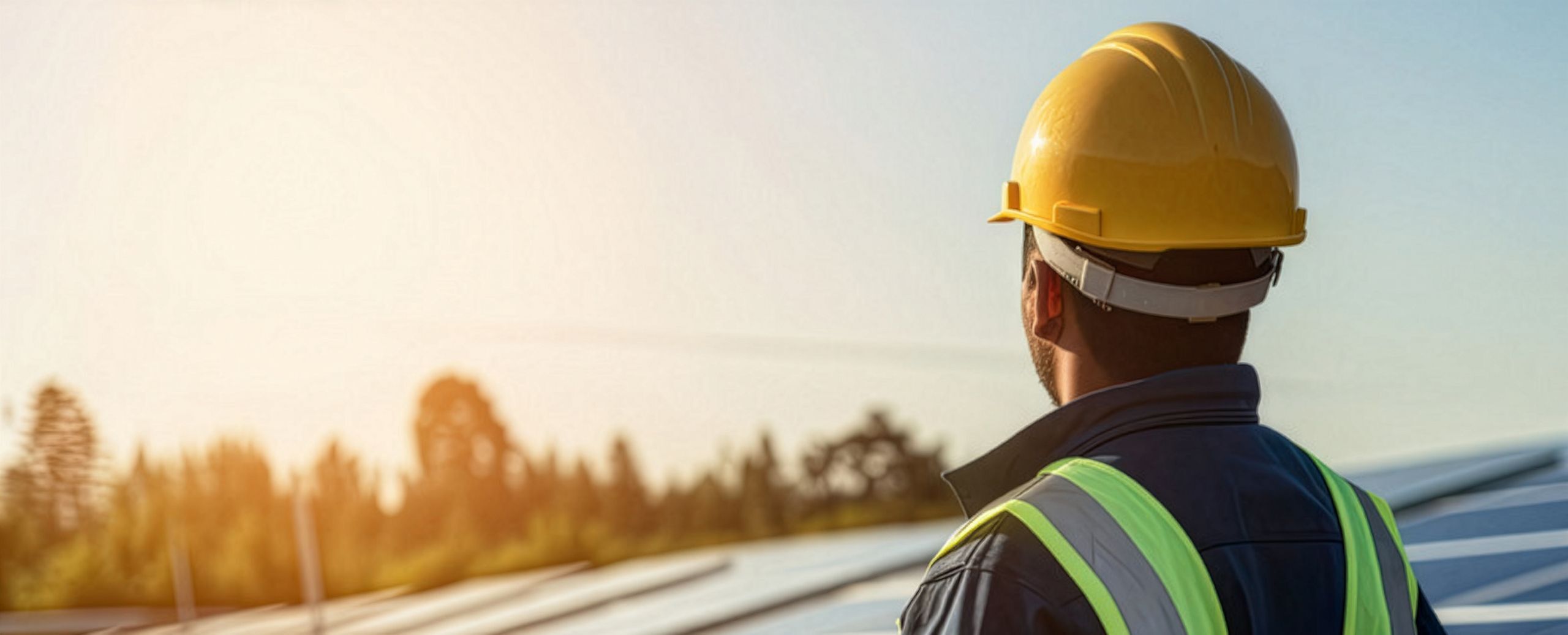 Solar technician in a hard hat at a utility-scale solar farm