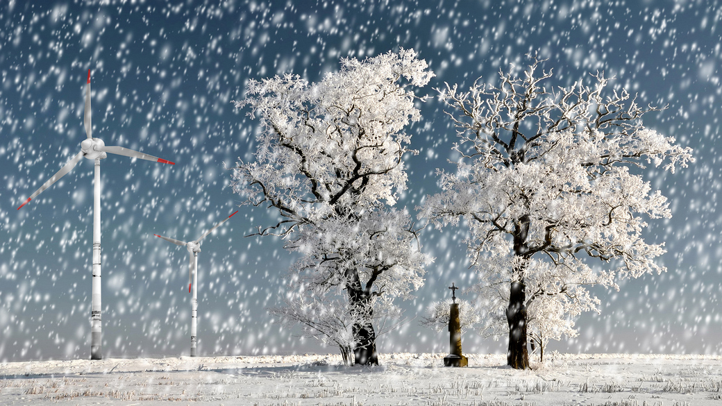 Wind farm in a snow storm