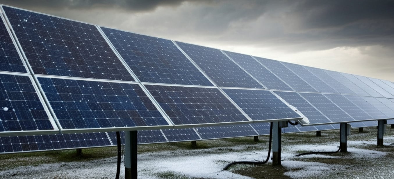 Hail on the ground around a solar array after a storm